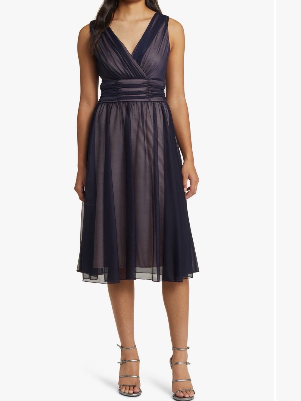 connected apparel Navy V-Neck Midi Dress with Ruched Waist